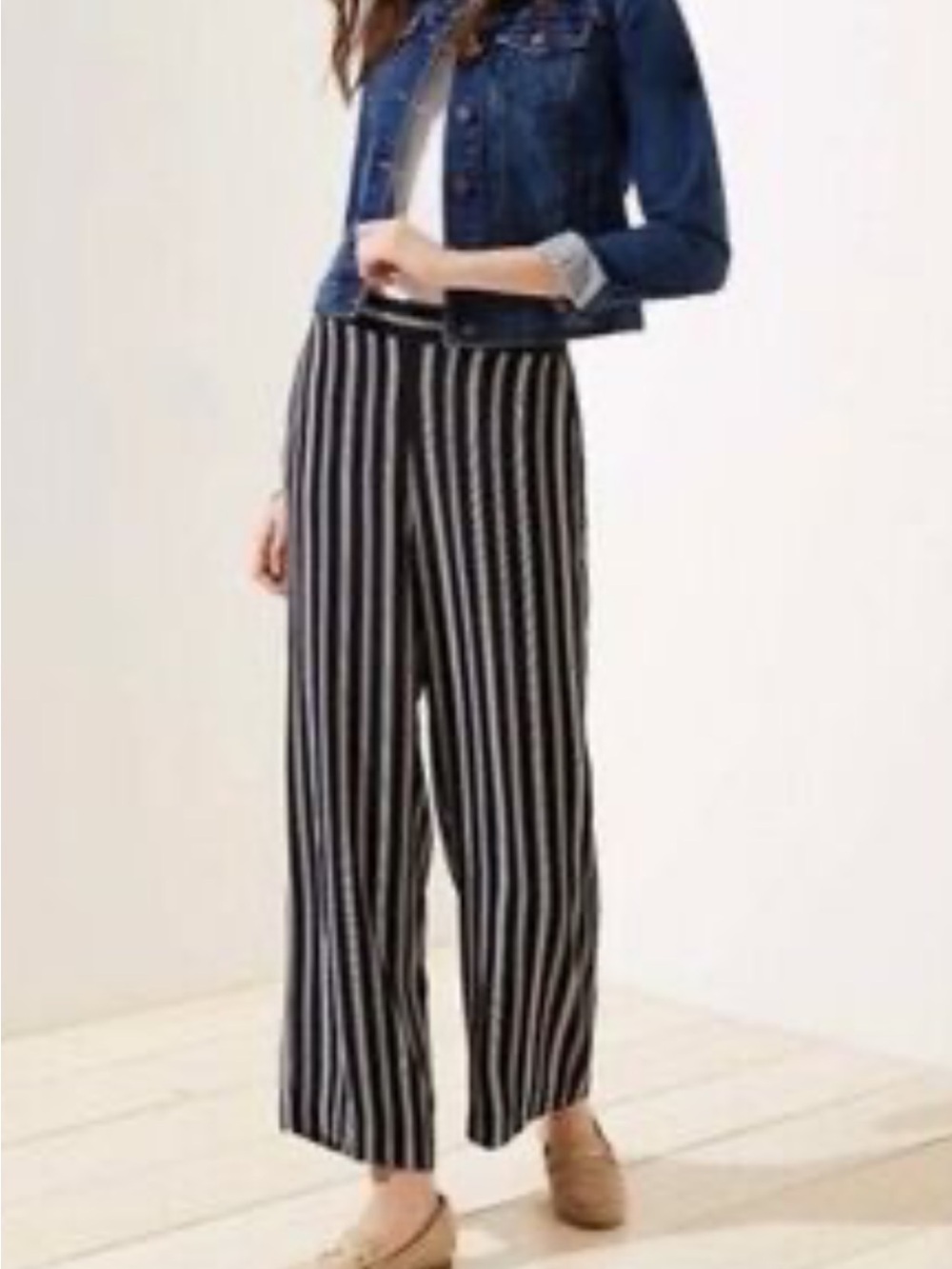 LOFT Black and White Vertical-Stripe Wide-Leg Pants